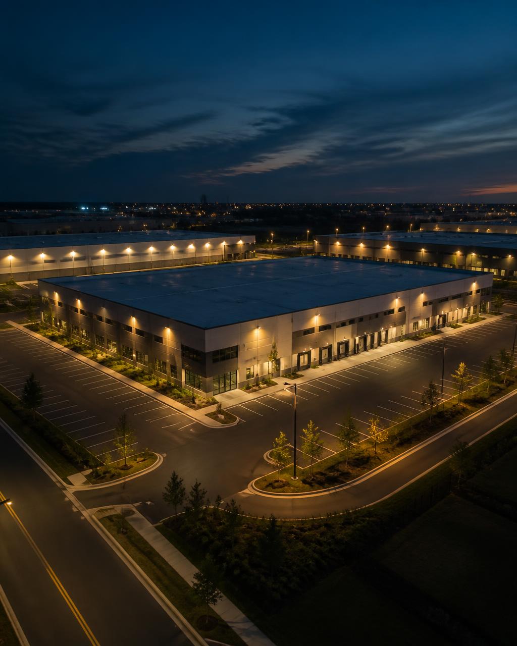 Modern logistiek vastgoed bij schemering — off-market acquisitiefocus