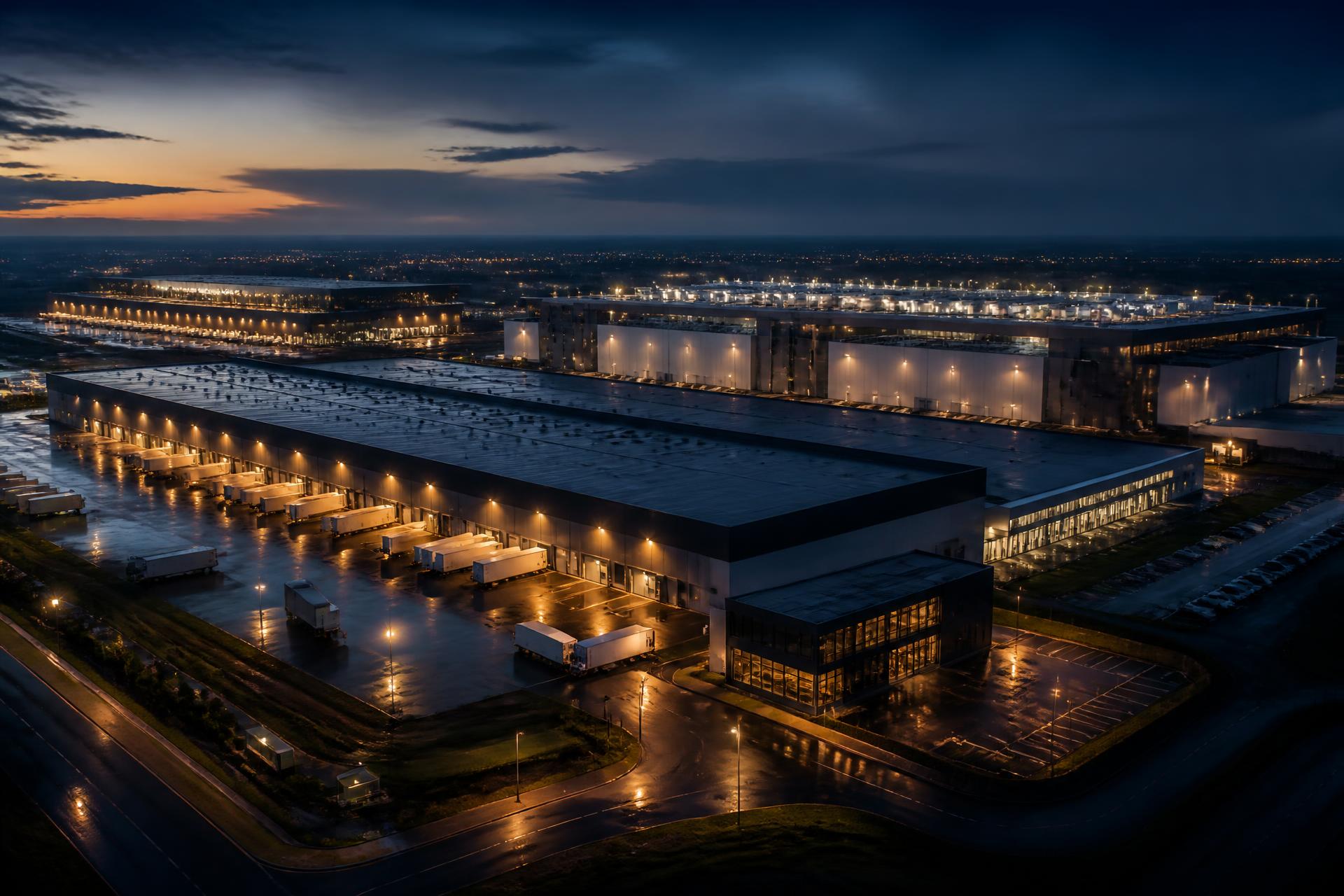 Logistiek distributiepark en datacenter campus bij schemering